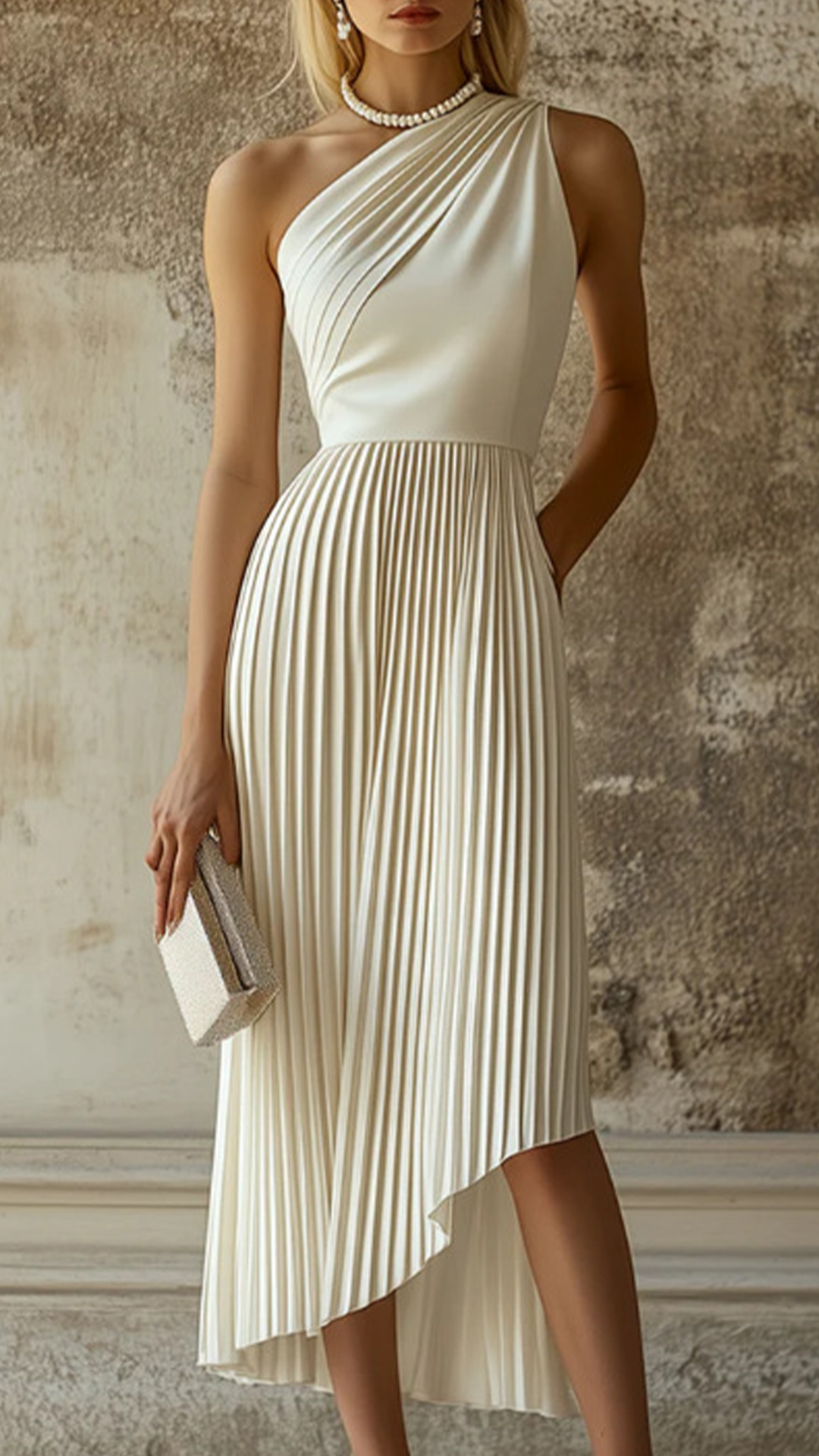 Women's Off‑White One‑Shoulder Pleated Asymmetrical Midi Dress