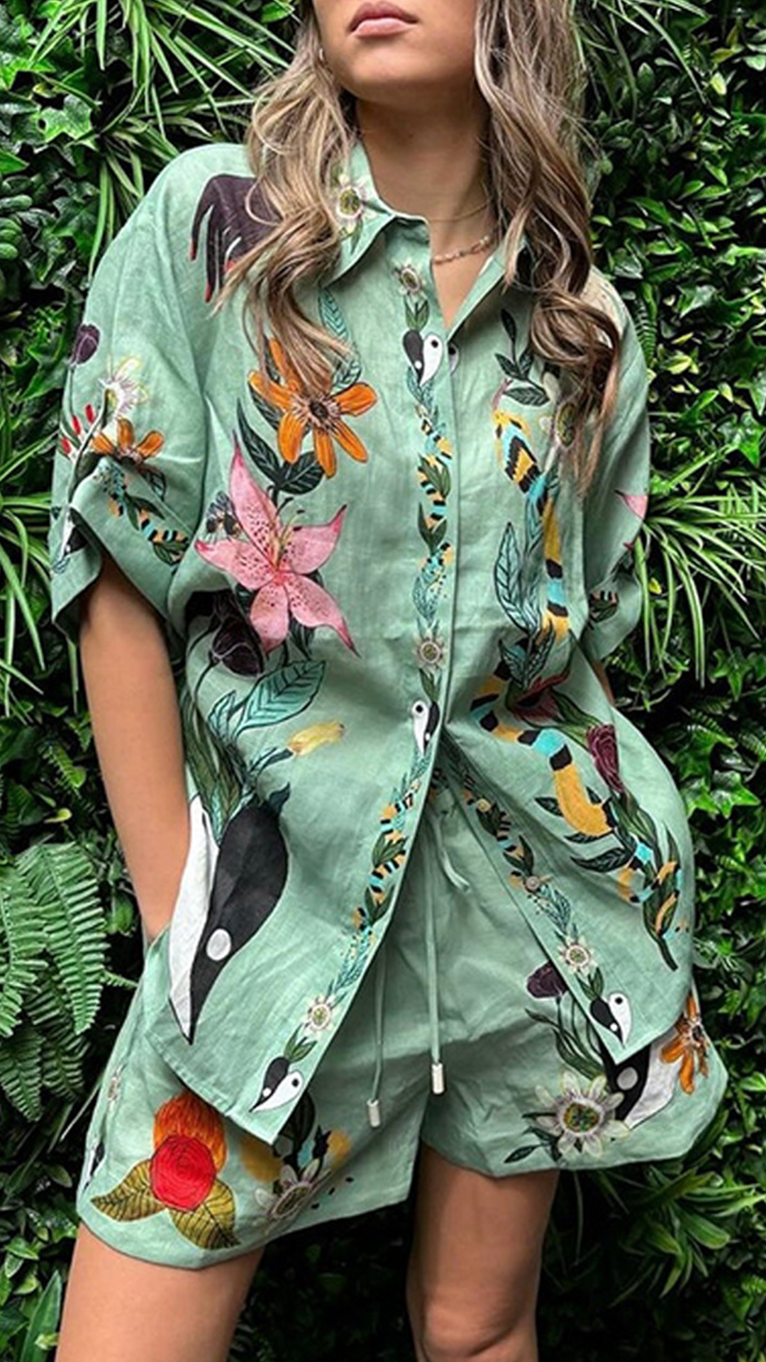 Women's Mint‑Green Floral‑Print Collared Short‑Sleeve Shirt & Shorts Set