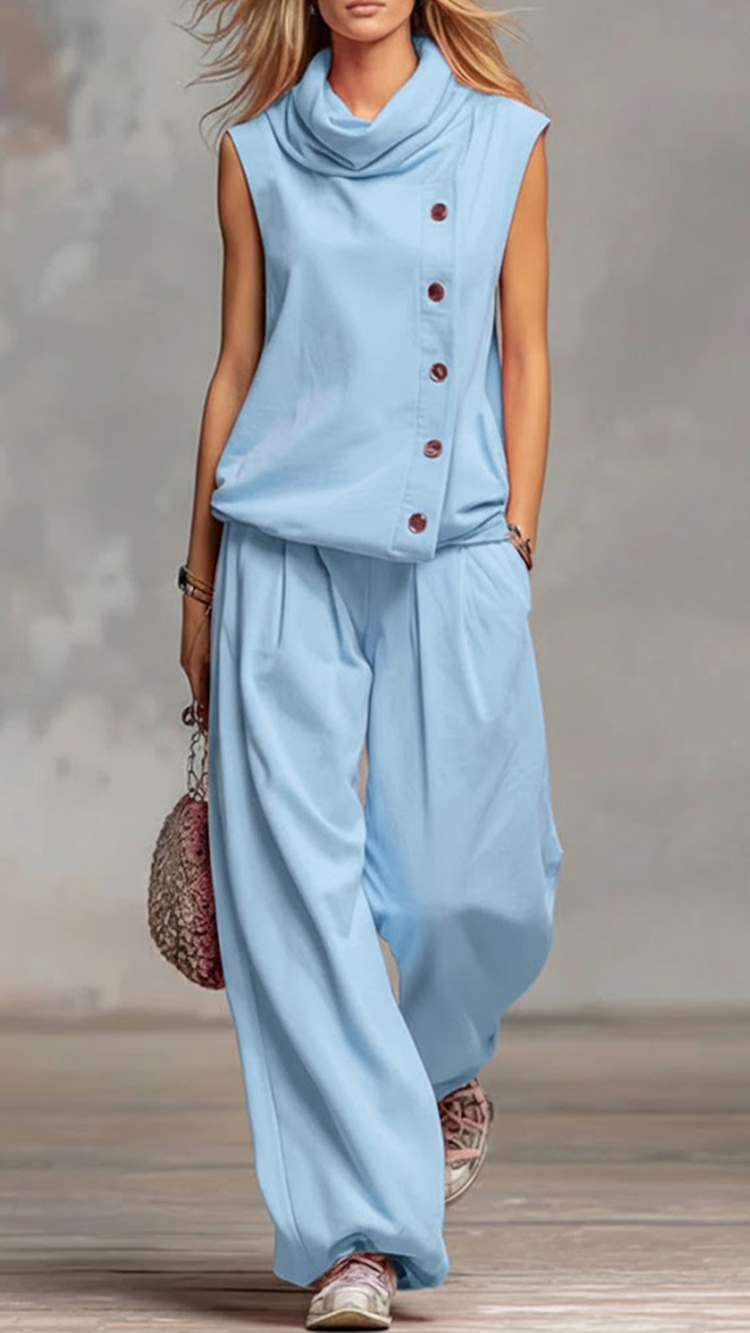Women's Cowl Neck Sleeveless Top & Wide-Leg Pants Set