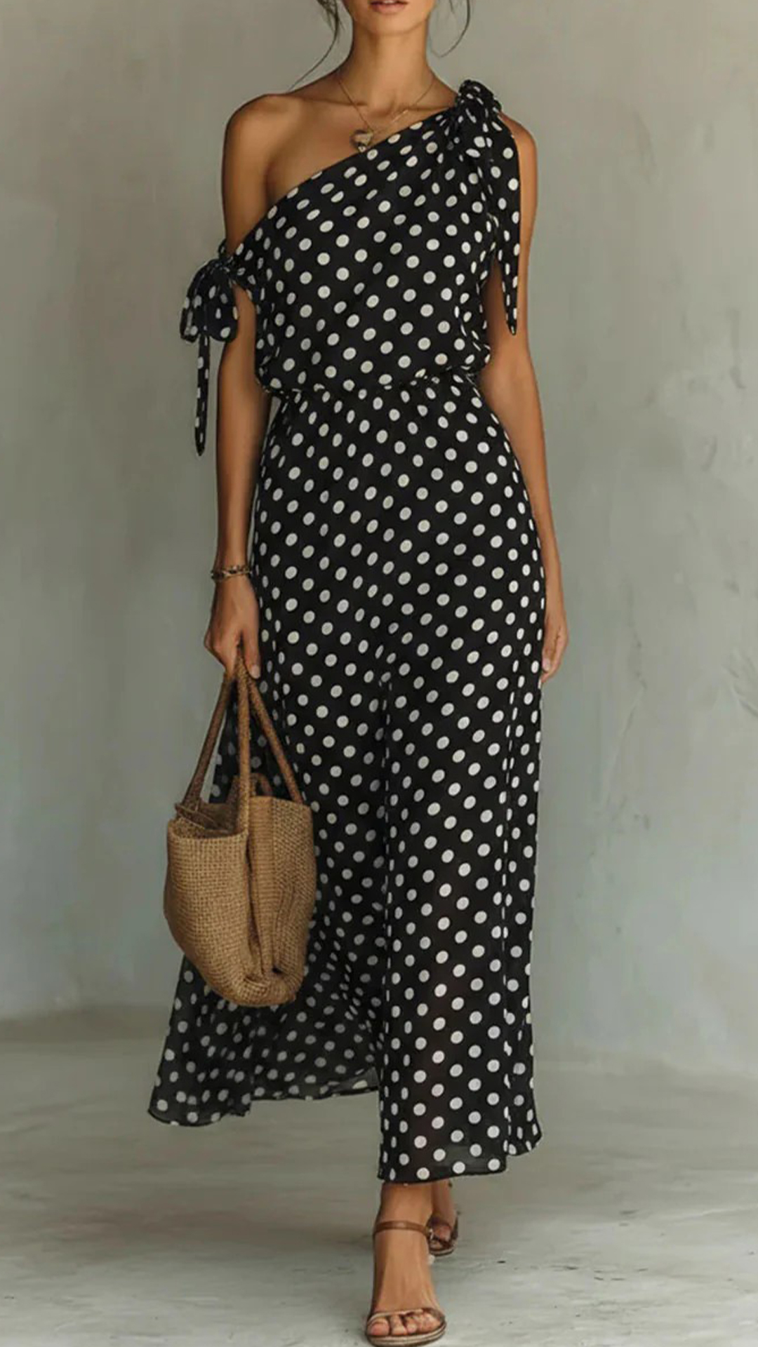 Women's Polka Dot Asymmetrical Tie-Shoulder Wide-Leg Jumpsuit
