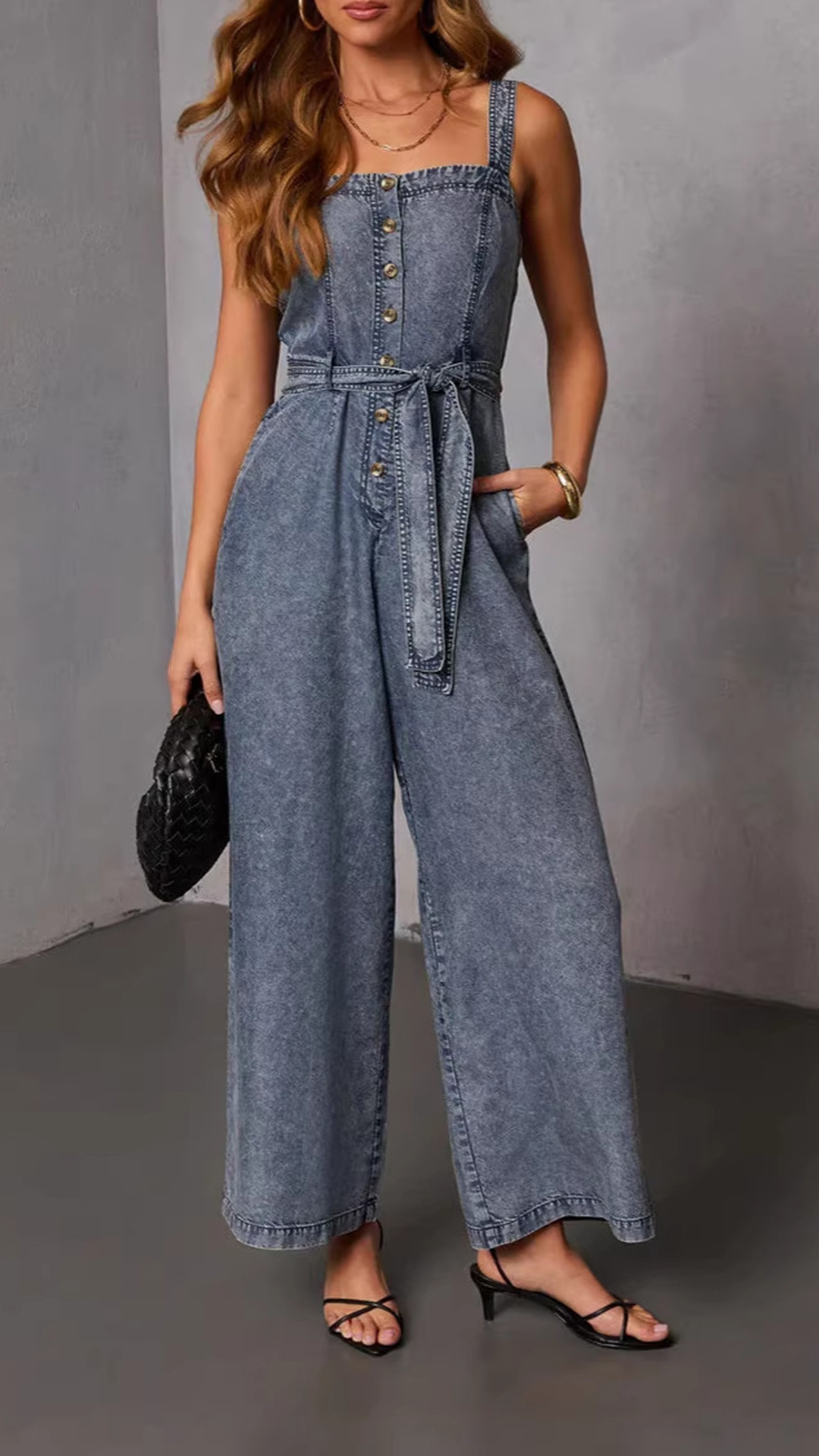 Women's Washed Blue Square-Neck Camisole Denim Waist-Tied Wide-Leg Jumpsuit