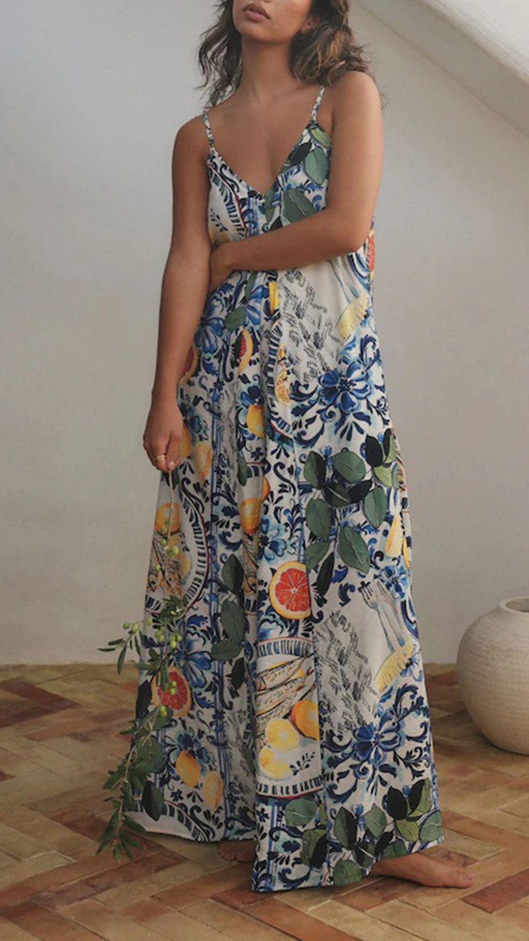 Women's Sicilian Print Cami Cotton-Blend Loose Maxi Dress