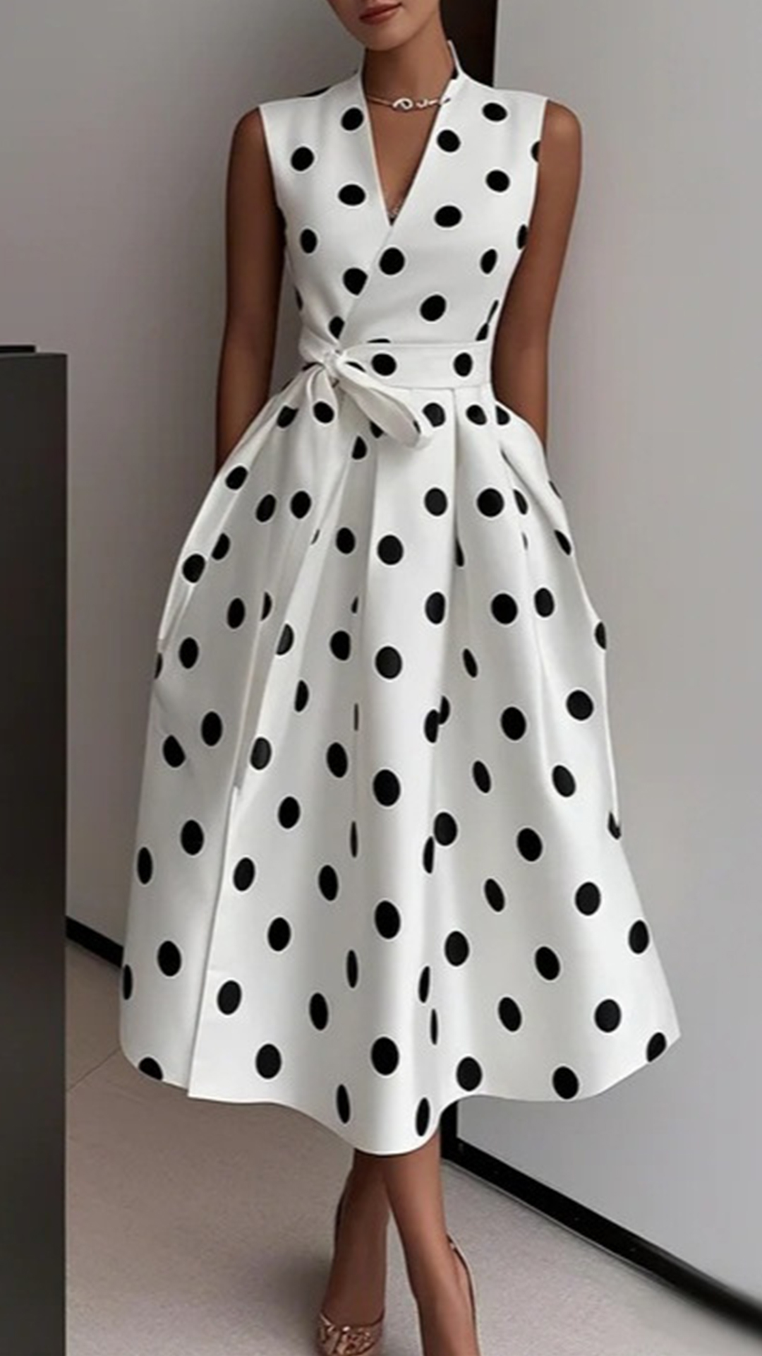 Women's Cotton-Blend V-Neck Polka Dot Tie-Waist Sleeveless Midi Dress