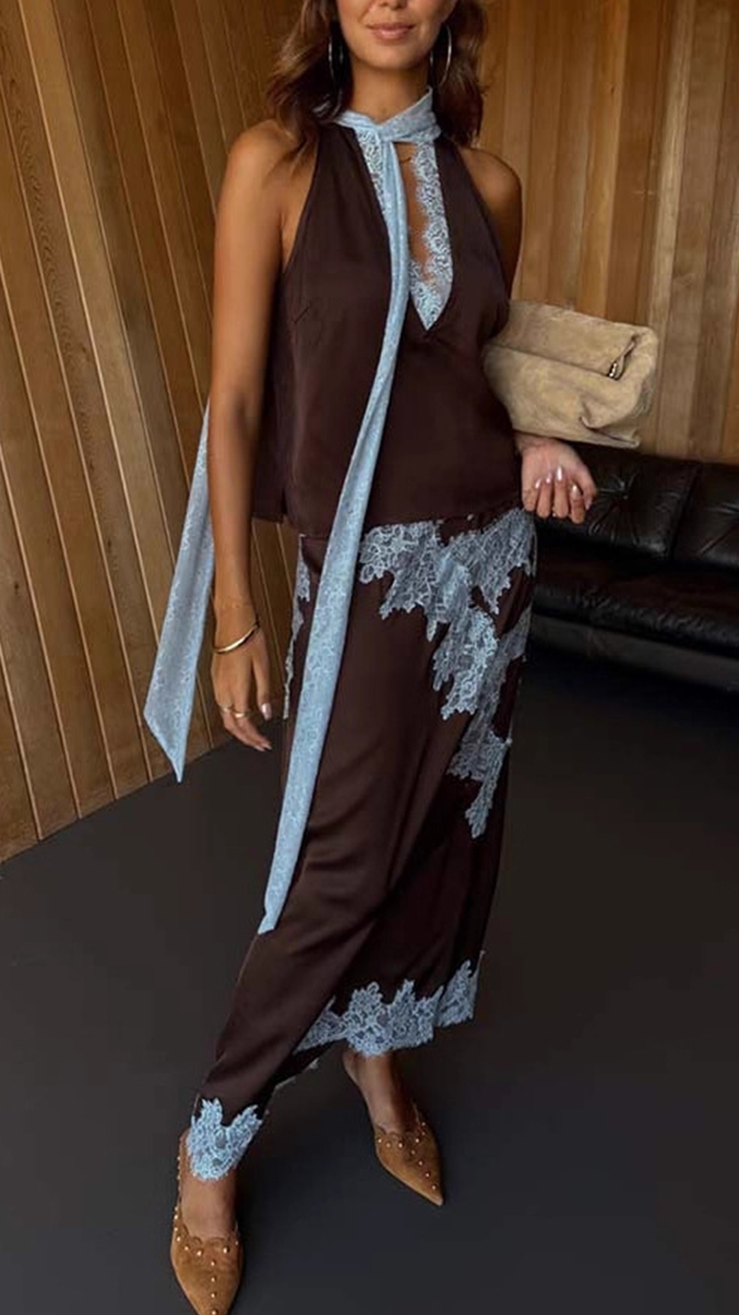 Women's Color-Block Lace Trim Halter Top & Skirt Set
