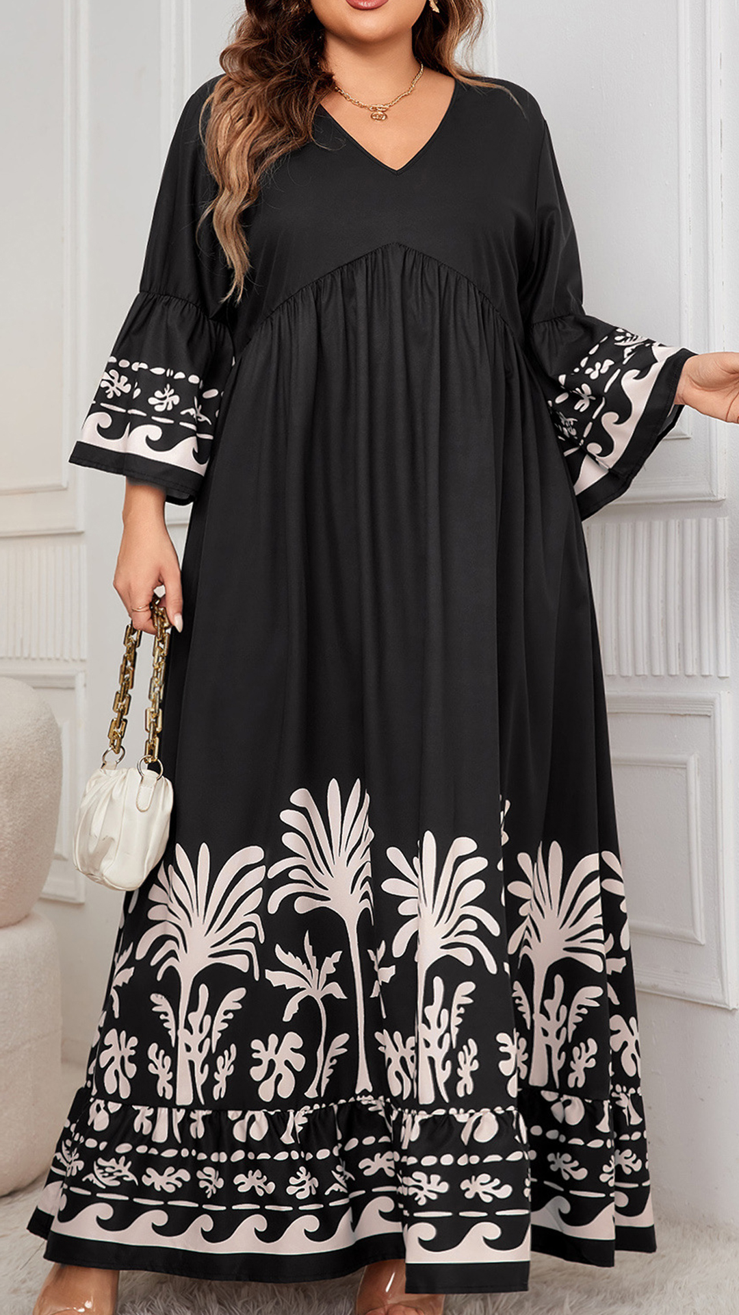 Women's Black & White Botanical Print V-Neck Bell Sleeve Maxi Dress