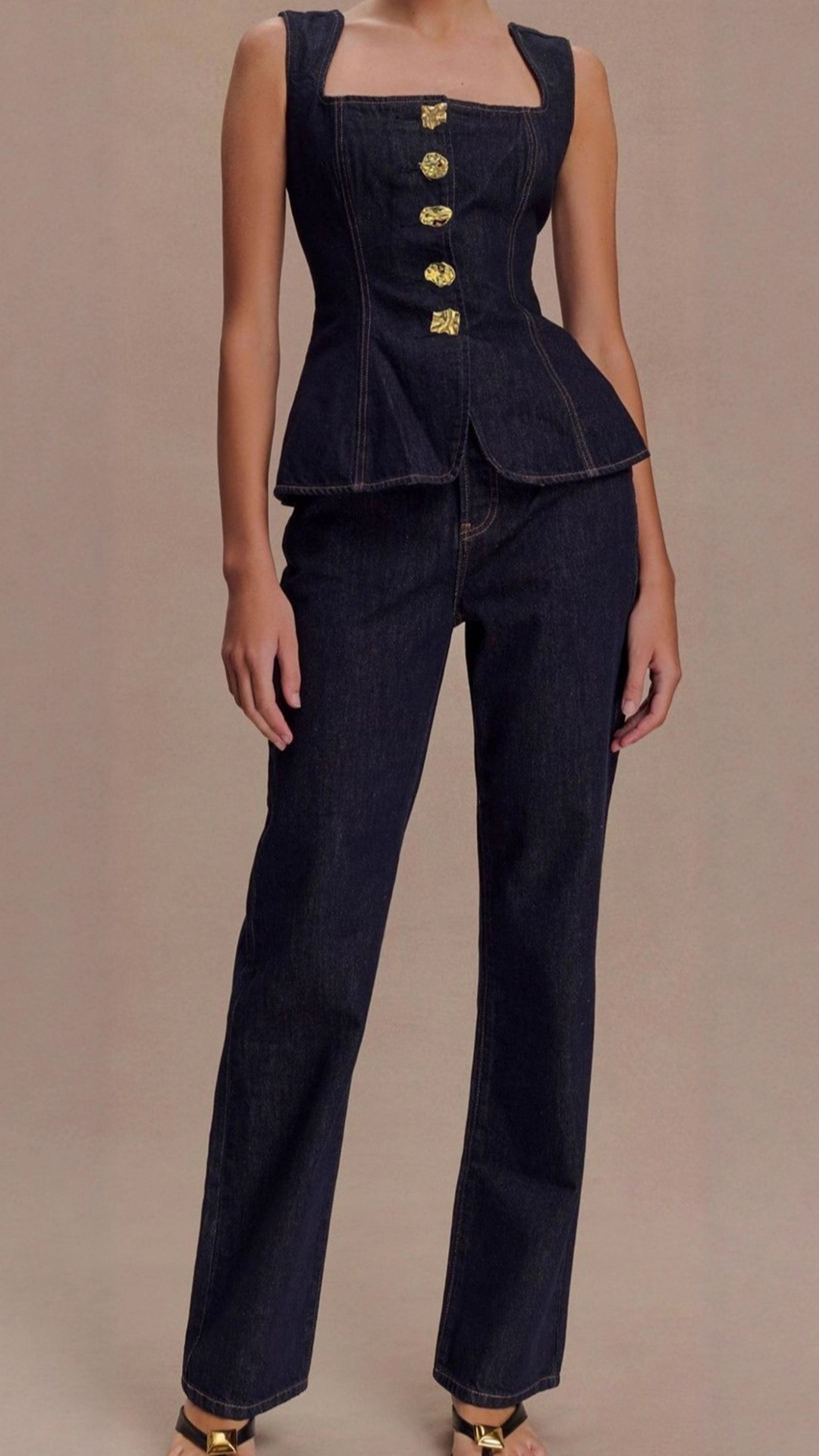 Women's Denim Square-Neck Fitted Waist Vest & Straight-Leg Pants Set