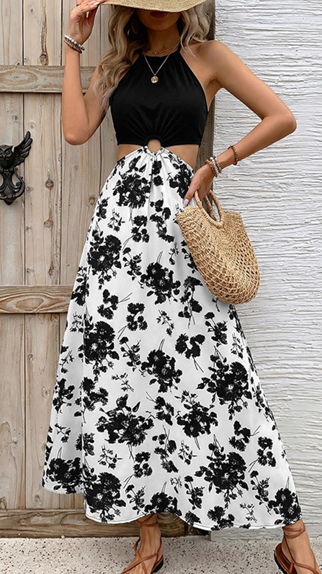 Women's Cotton-Blend Halter Cutout Floral Print Dress