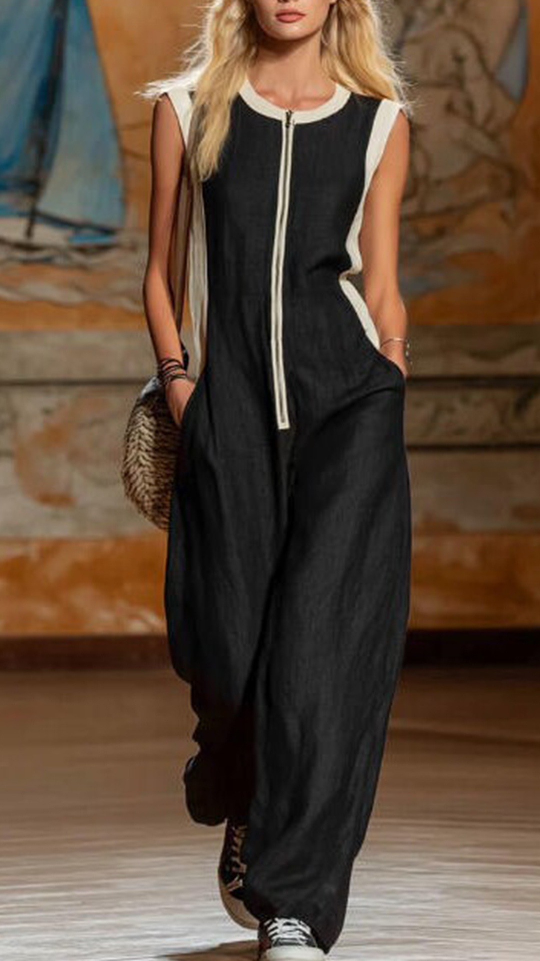 Women's Cotton-Blend Color-Block Sleeveless Wide-Leg Jumpsuit