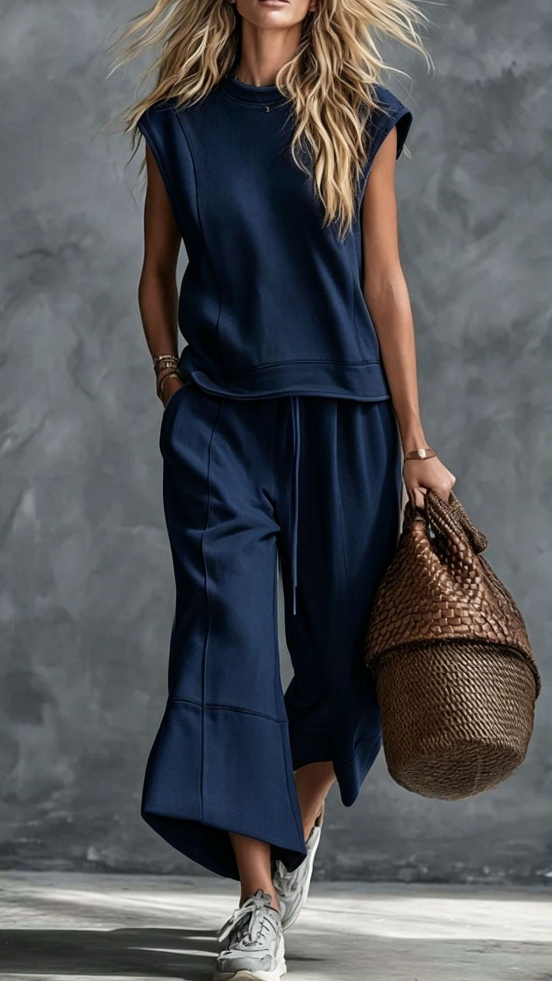Women's Navy Sleeveless Wide-Leg Cotton-blend Two-piece Outfit