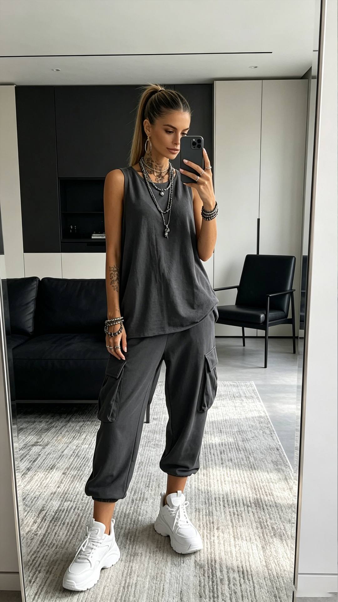 Women's Dark Grey Sleeveless Cargo Cropped Two-Piece Outfit