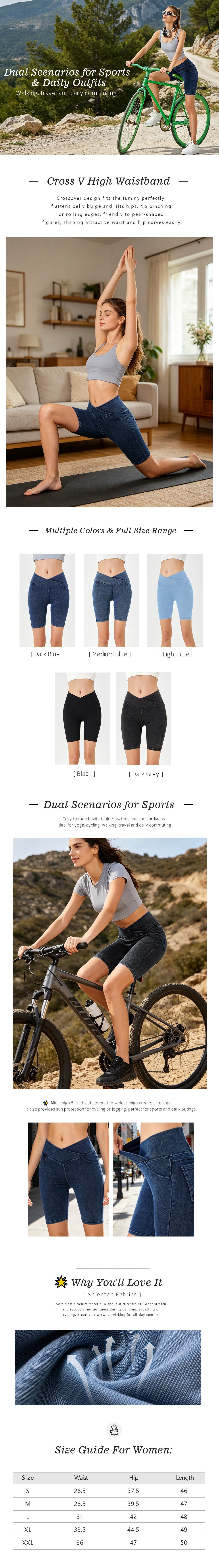 Designed for both movement and style, these high-stretch denim biker shorts combine the structure of jeans with the comfort of performance wear.  The signature cross-waist design enhances your natural curves while providing a secure, sculpting fit that stays in place during workouts, walking, or daily wear.  Made with ultra-flex denim fabric, these shorts deliver a flattering lift effect without sacrificing comfort &mdash; perfect for gym sessions, streetwear styling, or casual summer outfits.