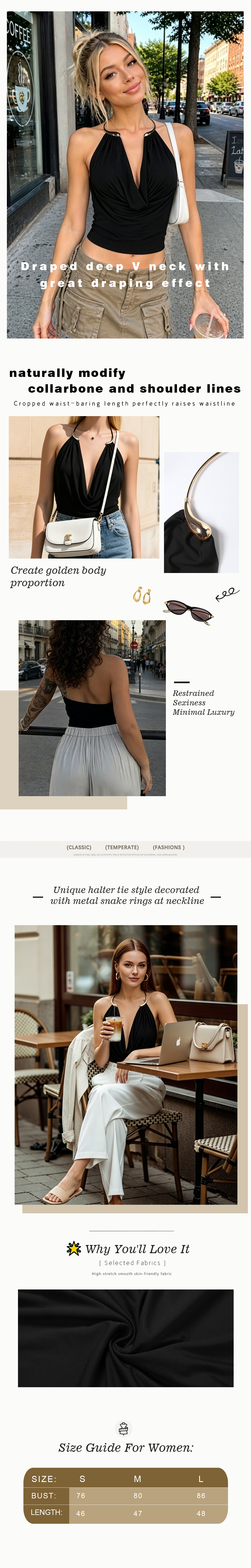 Black halter neck top women with ring detail, sexy ruched front slim fit crop top, Y2K going out outfit for women, minimal chic street style fashion look, flattering sleeveless summer top for date night and party wear