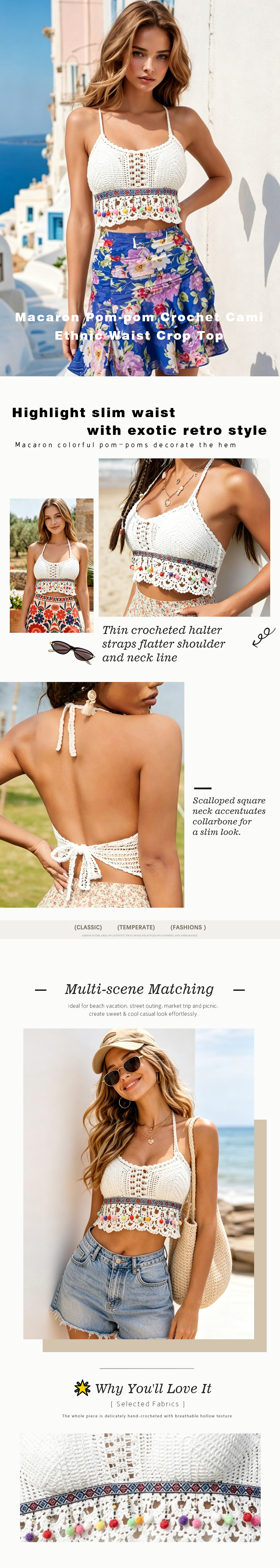 White crochet crop top women featuring boho lace knit hollow out design and colorful tassel details, summer beach vacation outfit with feminine festival fashion style, resort wear and casual summer styling