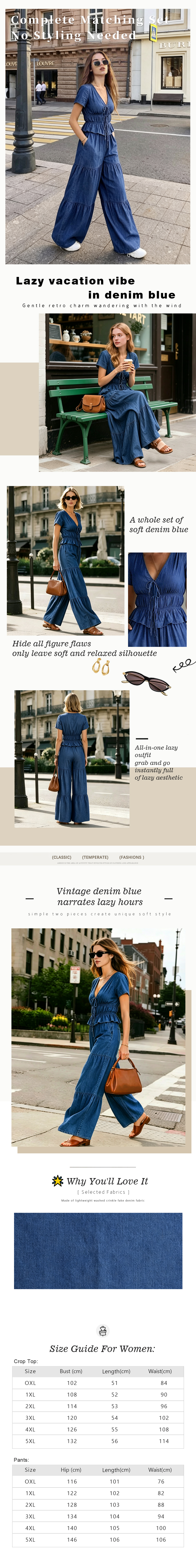 Women blue denim two piece outfit featuring V neck short sleeve top and wide leg pants, stylish matching co ord set for summer vacation, resort wear, travel outfit and casual street fashion