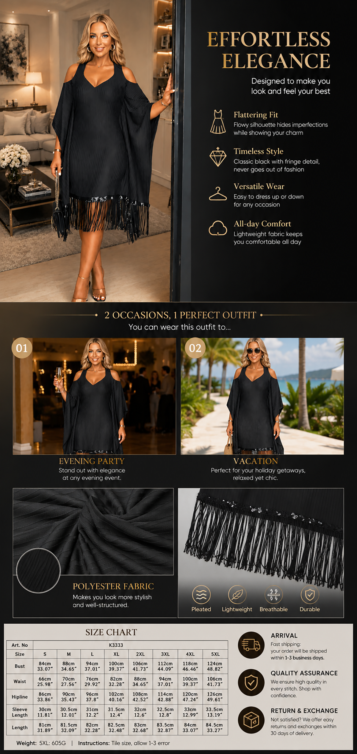 Women black fringe cape dress featuring V neck design, flowing cape sleeves and tassel hem detail, elegant boho resort wear outfit for vacation, party, evening events and luxury travel fashion