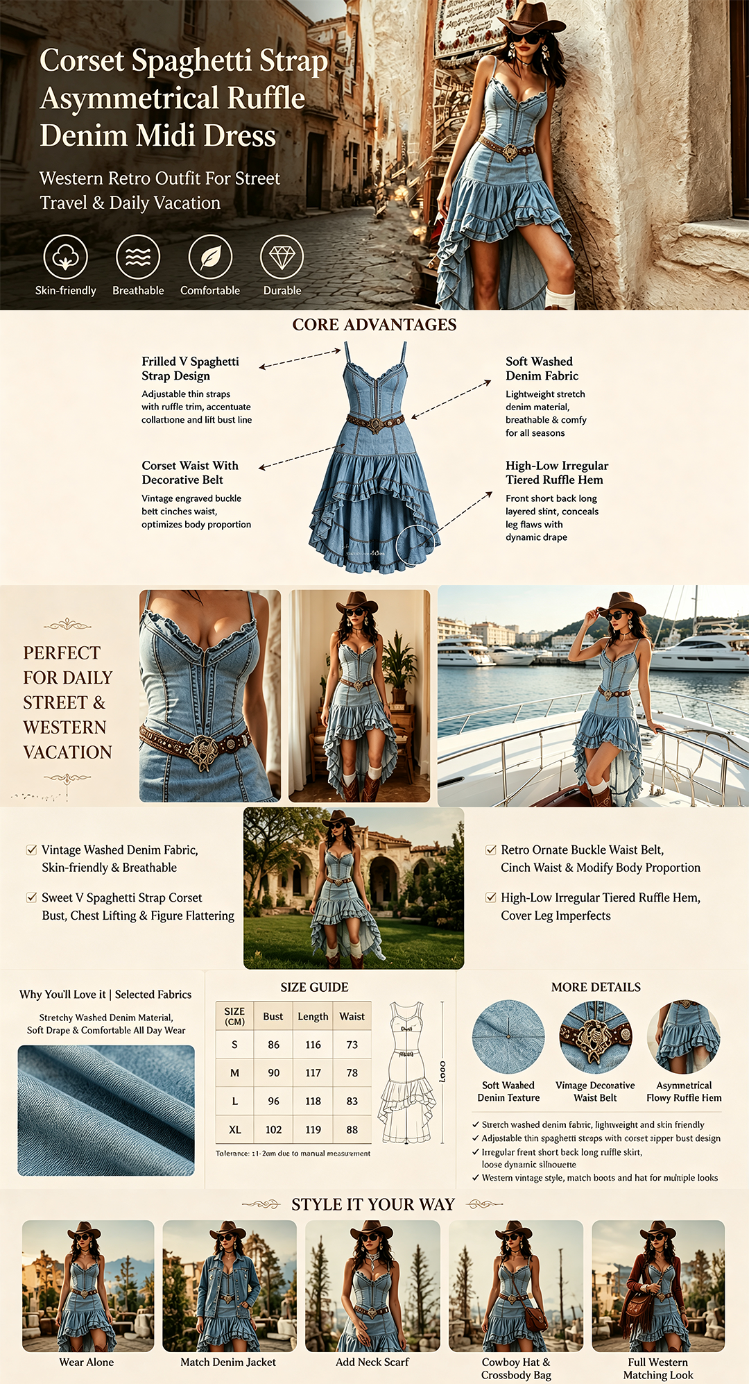 Modern cowgirl wearing light blue denim corset dress with western boots and cowboy hat, vintage western fashion style  Close up view of women's denim corset dress bodice showing fitted waist design adjustable straps and vintage denim texture  Flowing tiered ruffle denim skirt with high low hem design creating a feminine boho western look  Female model styling western denim dress with cowboy boots and hat for country concert festival outfit  Premium washed blue denim fabric with detailed stitching on vintage inspired women's dress  Women's western denim corset dress for summer vacation date night music festival and casual street fashion