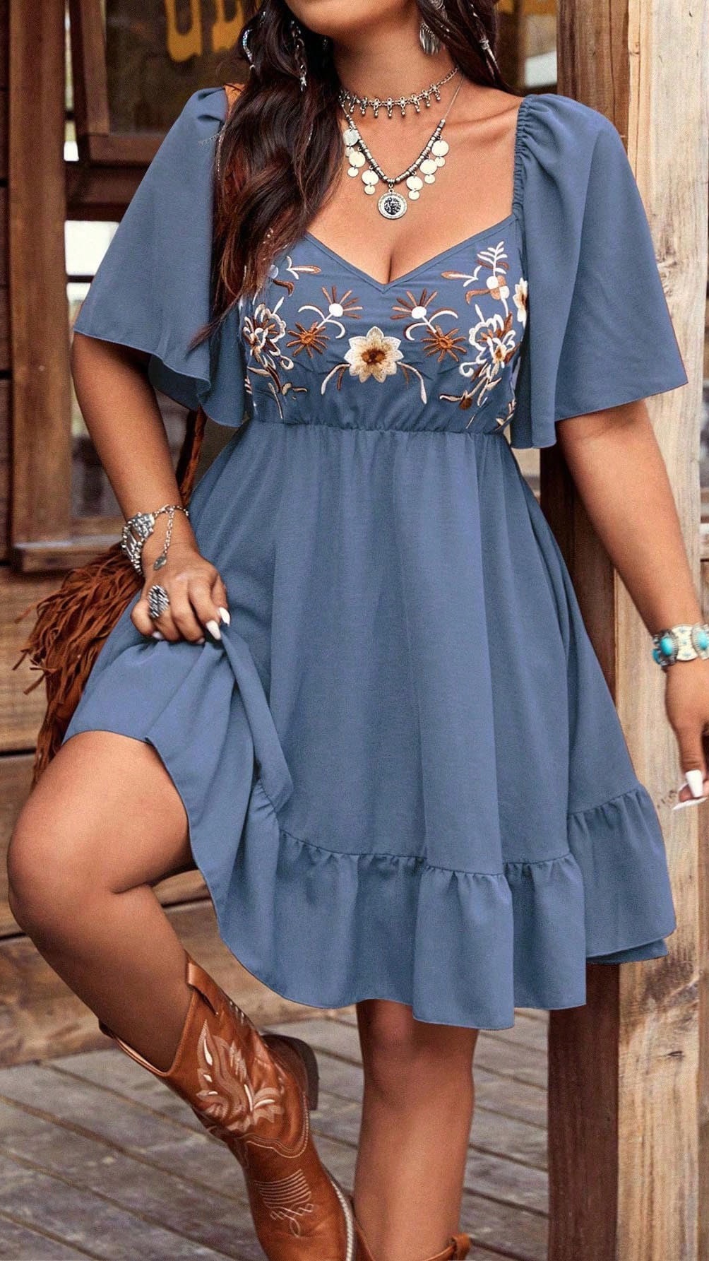Women Bohemian Style Embroidery Ruffle Trim Short Sleeve Casual Midi Dress