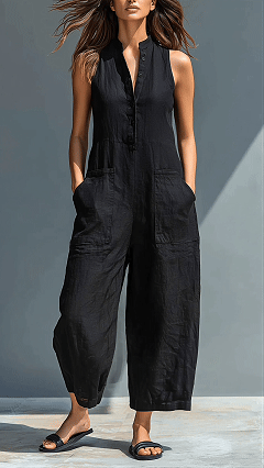 Women's Minimalist Linen Blend Button-up Stand-collar Sleeveless Loose Jumpsuit