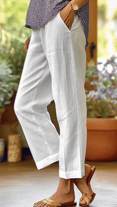 Women's Cotton-linen Solid Color Elastic Waist Pockets Straight Leg Loose-fit Casual Trousers