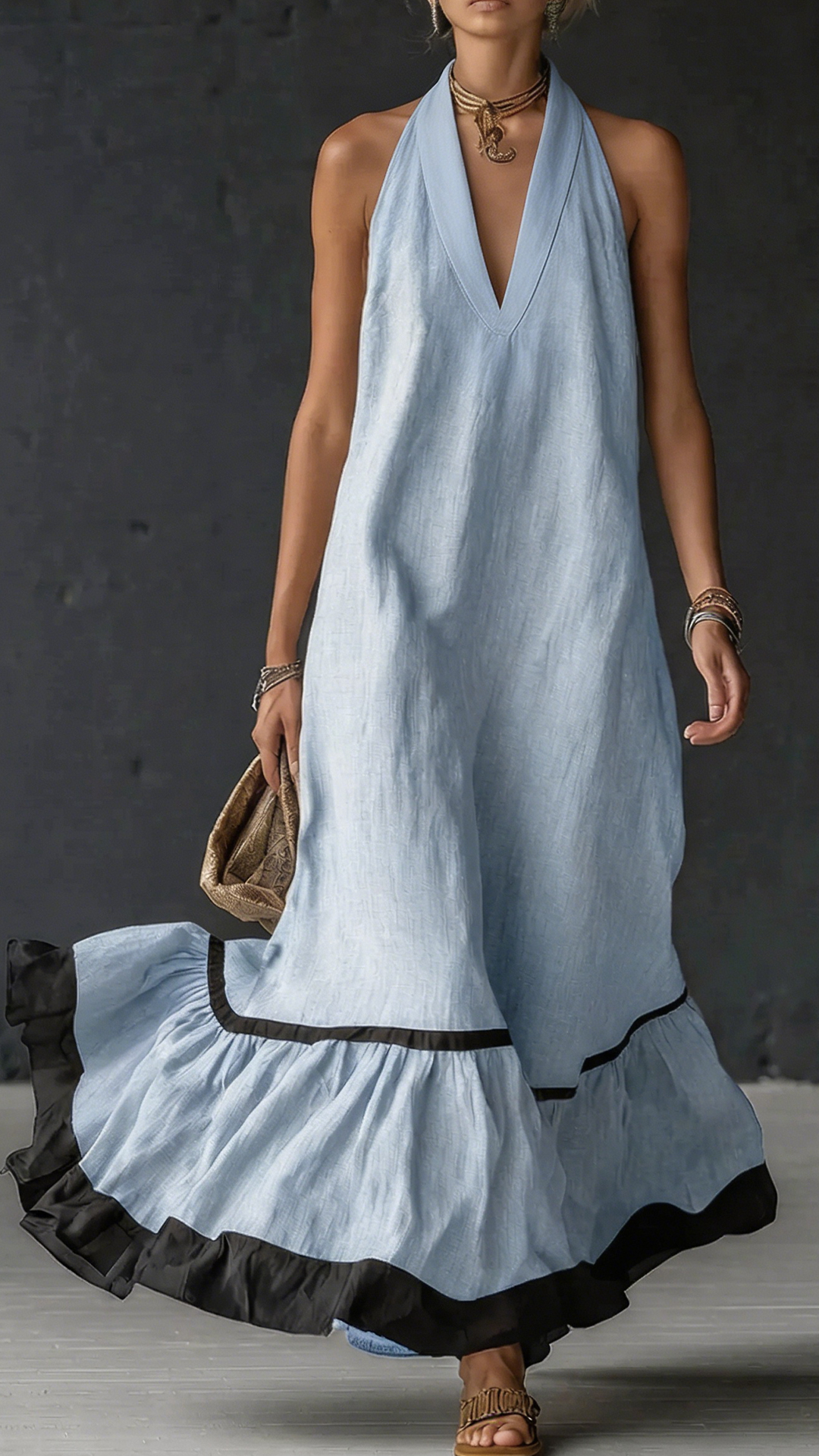 [Copy]Elegant And Romantic Ruffled Color-blocked Maxi Dress ✨Plus Size Friendly