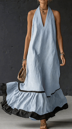 Elegant & Romantic Color-Block Halter Maxi Dress ✨ Plus-Size Friendly