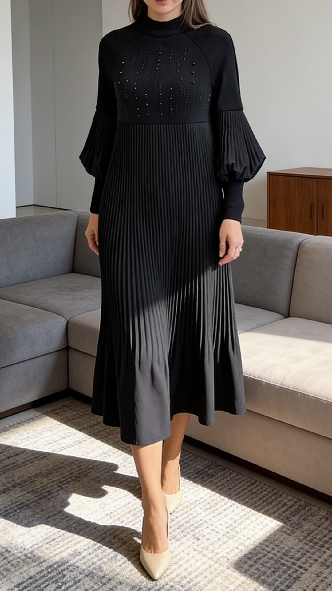 Timeless Pleated Dress with Dramatic Lantern Sleeves