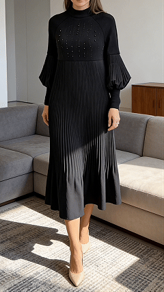 Timeless Pleated Dress with Dramatic Lantern Sleeves