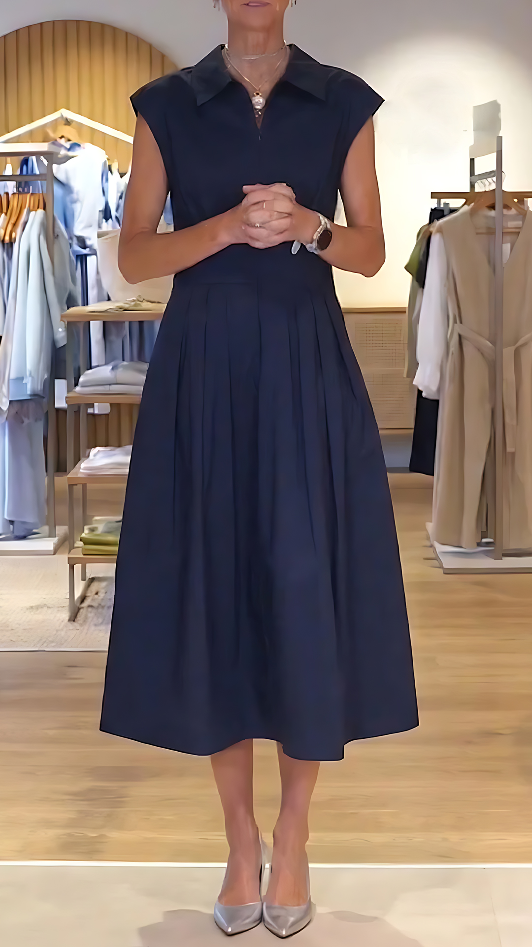 Women's Solid-color Shirt-collar Sleeveless Loose-fit Casual Cotton Dress