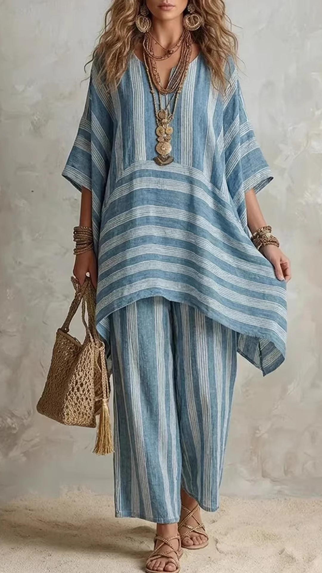 Casual Loose Striped Cotton And Linen Top And Pants Two-piece Set