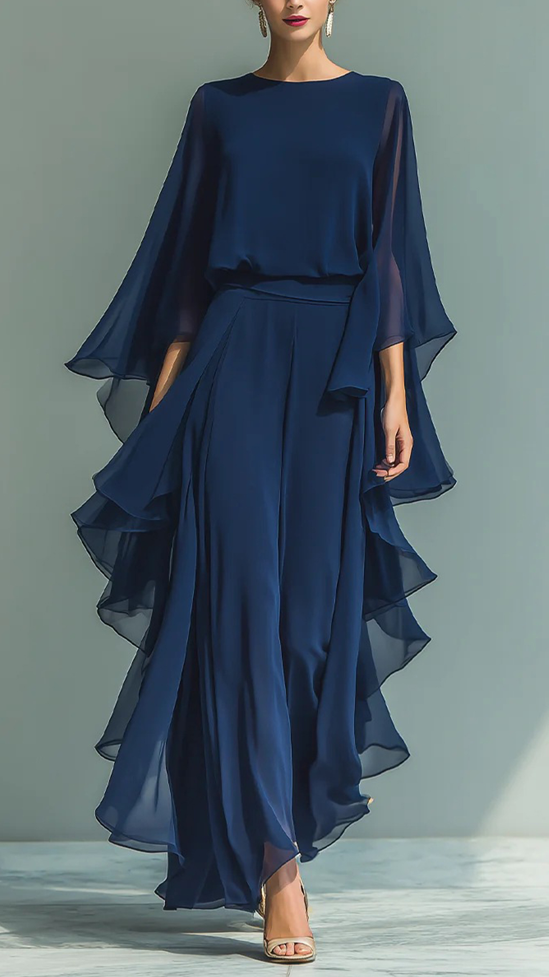 Chiffon Ruffled Bell Sleeve Straight Leg Trousers Set