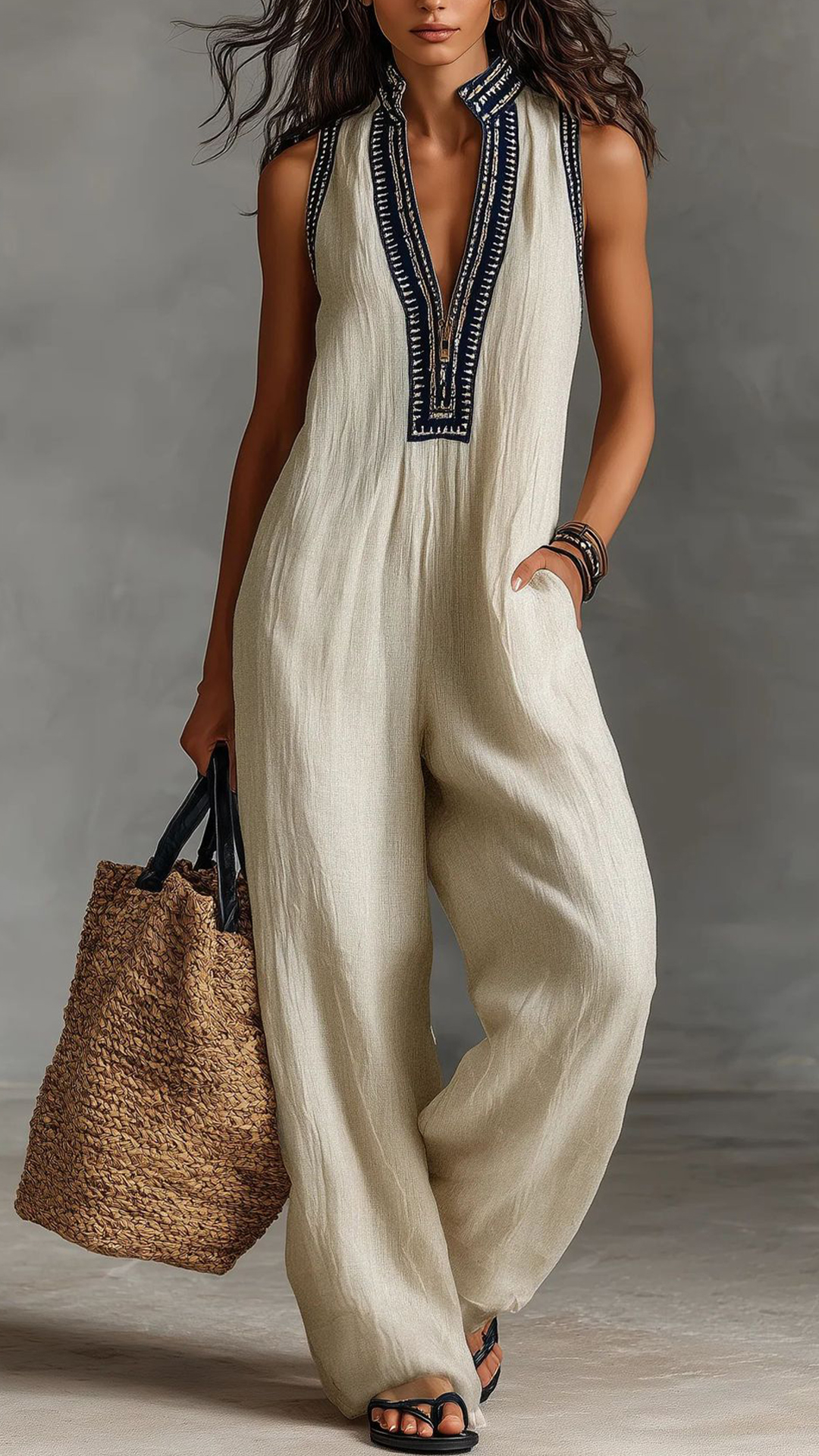 Embroidered Stand Collar Sleeveless Cotton Linen Wide-Leg Jumpsuit