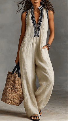 Embroidered Stand Collar Sleeveless Cotton Linen Wide-Leg Jumpsuit
