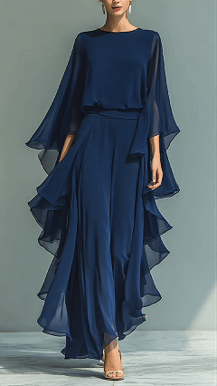 Chiffon Ruffled Bell Sleeve Straight Leg Trousers Set