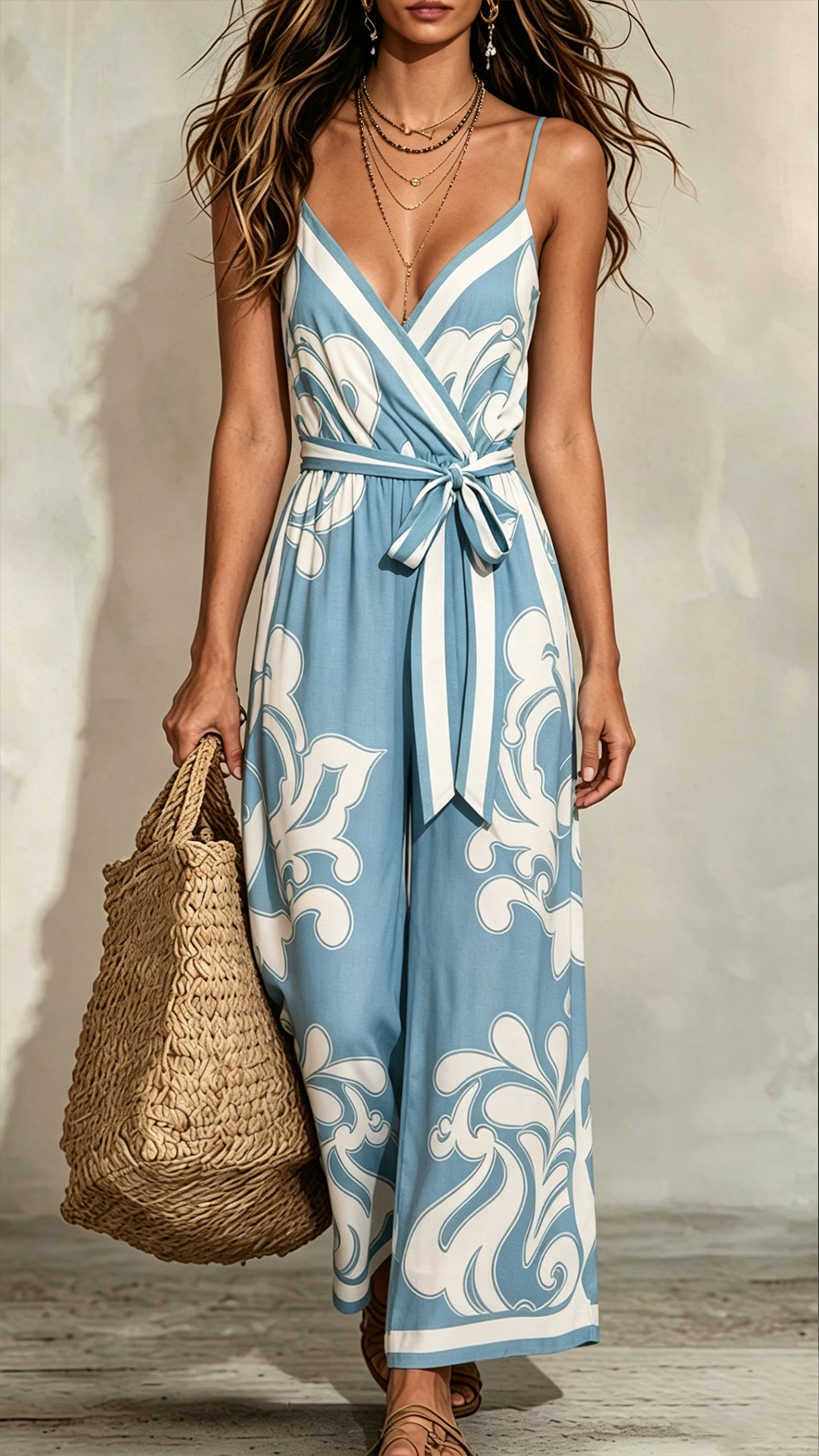 [Pre-sale] Women's Blue and White Floral Print V-Neck Suspender Wide-Leg Jumpsuit