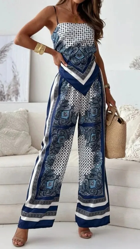 Women's Fashion Two-Piece Set: Printed Spaghetti Strap Bandeau Top + Allover-Print Trousers