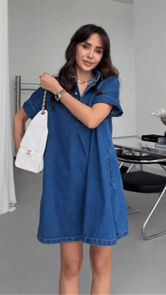 [Pre-sale] Women's Collared Short-Sleeve Denim Loose-Fitting Mini Dress