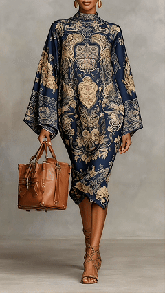 Women's Retro Stand Collar Wide Sleeve Printed Midi Dress