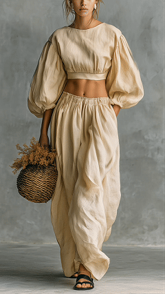 Women's Puff-Sleeve, Waist-Cinching, Wide-Leg Two-Piece Set