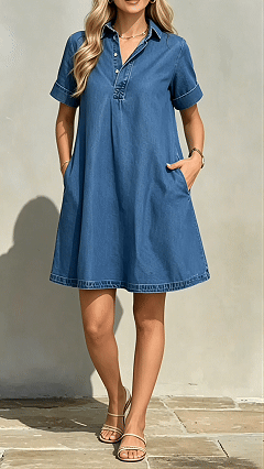  Women's Collared Short-Sleeve Denim Loose-Fitting Mini Dress