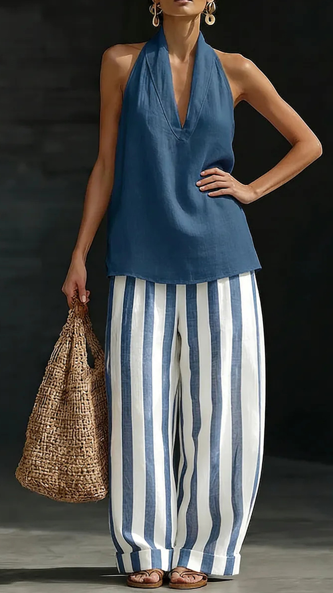 Women's Cotton Linen Halter Stripe Wide-Leg Set