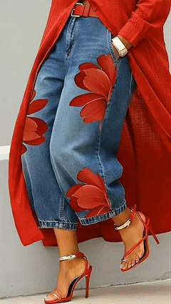 Women's Artistic Ink Print High Waist Stretch Casual Jeans