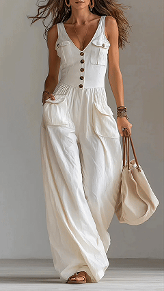 Women's Solid-Color Loose-Fit Casual Jumpsuit with Buttons and Side Pockets