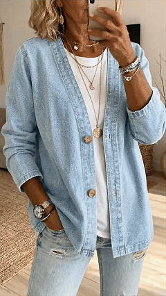 Women's Polyester Denim-Like V-Neck Cardigan