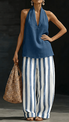 Women's Cotton Linen Halter Stripe Wide-Leg Set
