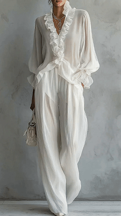 Women's Polyester Spandex Blend Ruffle Wide-Leg Set