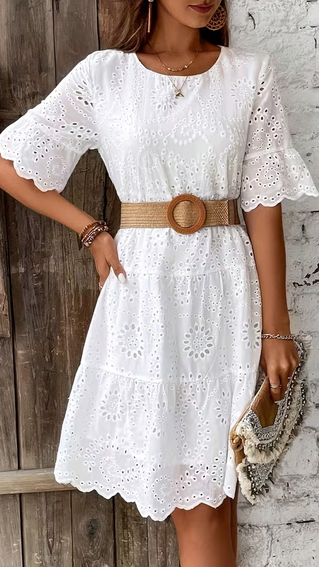 Women's Embroidered Eyelet Loose Tiered Dress（No belt）