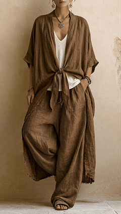 Vintage-effect Polyester Tie-front Cardigan & Wide-leg Pants Set