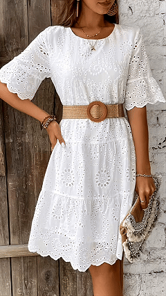 Women's Embroidered Eyelet Loose Tiered Dress（No belt）