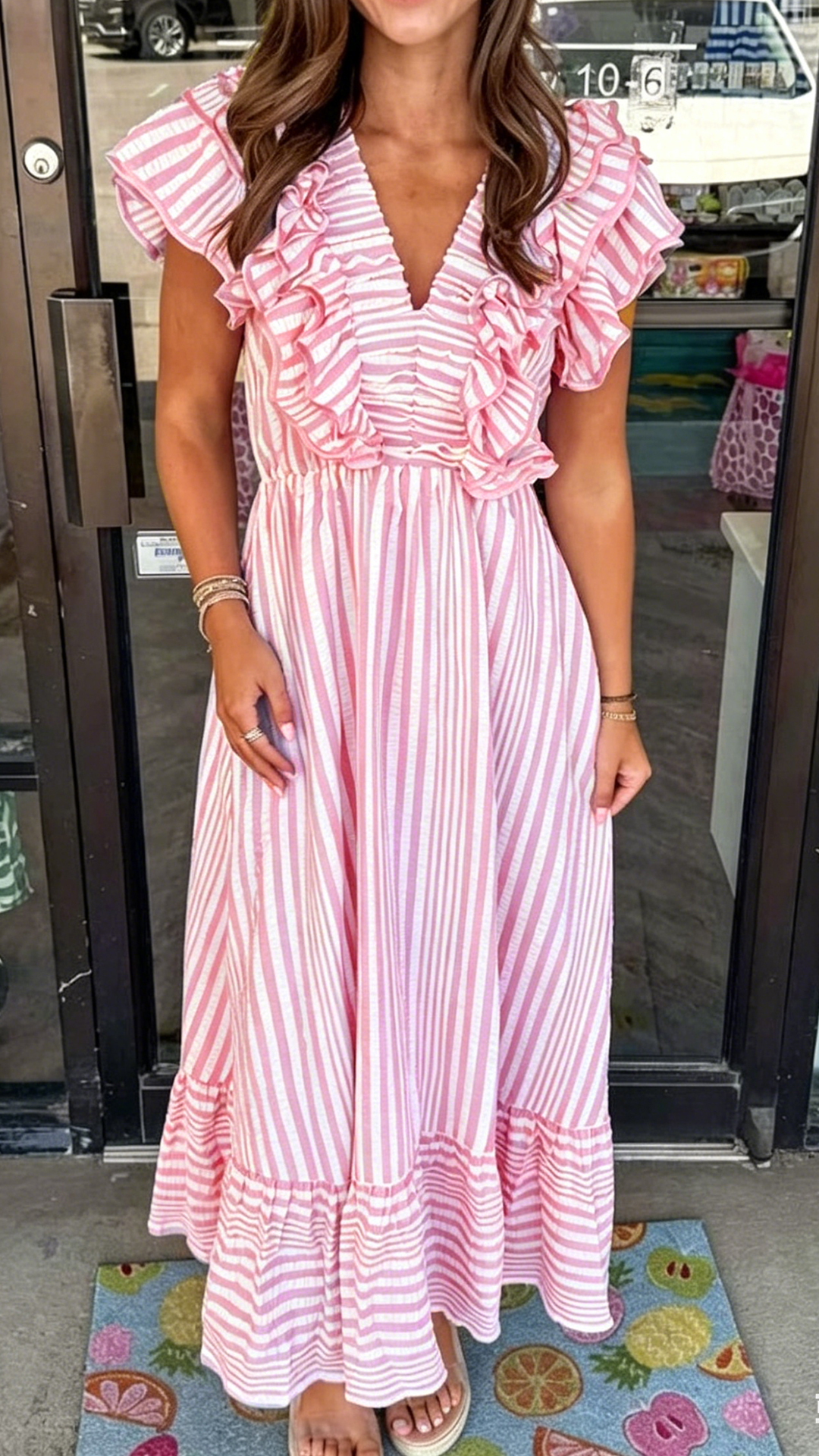 Women's Ruffled V-Neck Striped Loose Maxi Dress