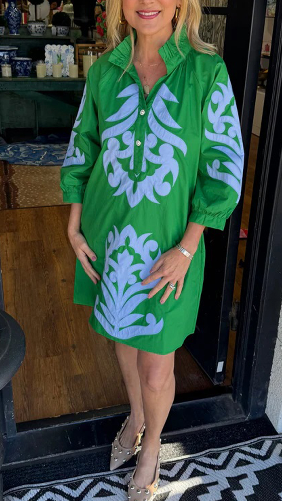 Women's Stand Collar 3/4 Sleeve Printed Loose Shirt Mini Dress